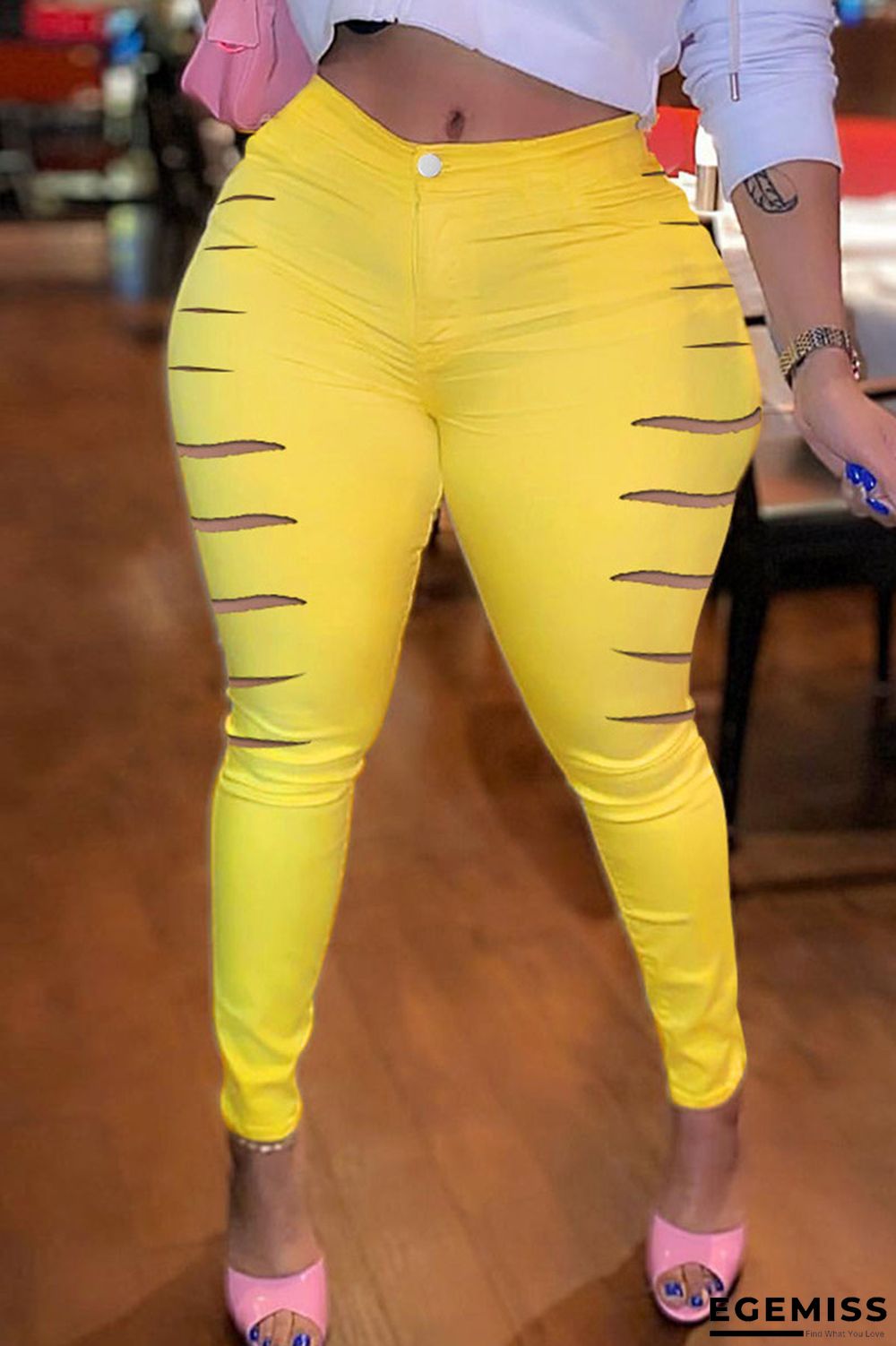 Yellow Sexy Street Solid Ripped Patchwork High Waist Pencil Solid Color Bottoms | EGEMISS