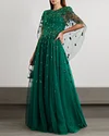 Women's Green Charming Cape-effect Embellished Tulle Gown
