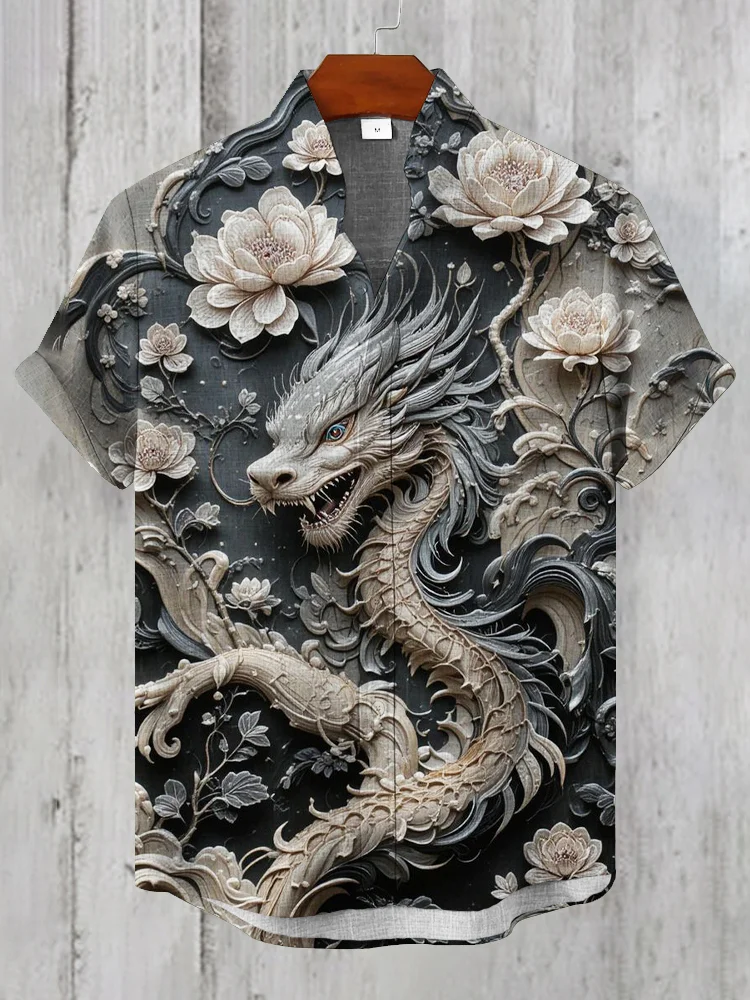 Japanese Dragon & Floral Art Men's Linen Short Sleeve Shirt