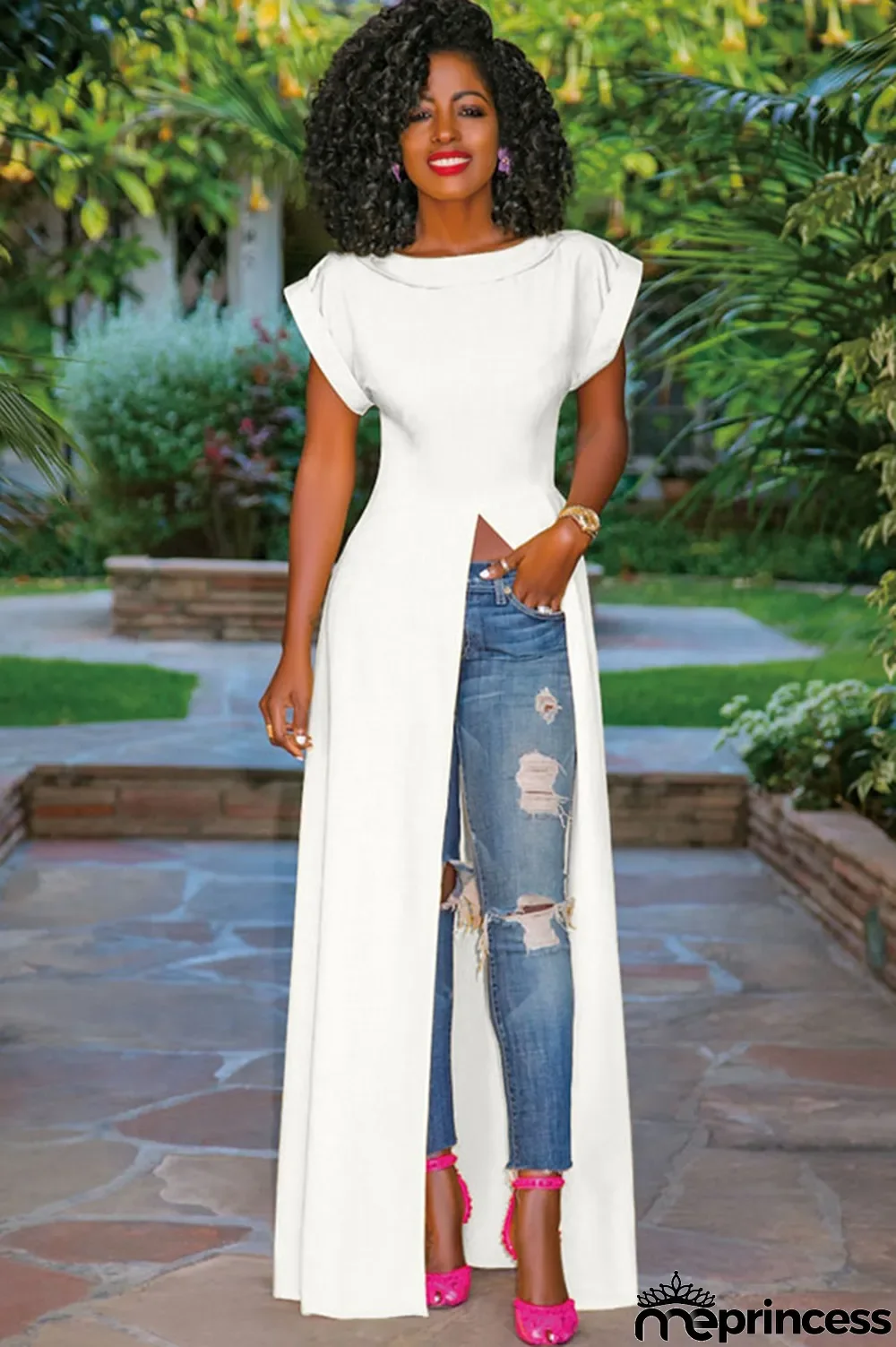 White Polyester Fashion Sexy Cap Sleeve Short Sleeves O neck A-Line Ankle-Length hollow out Patchwork chai