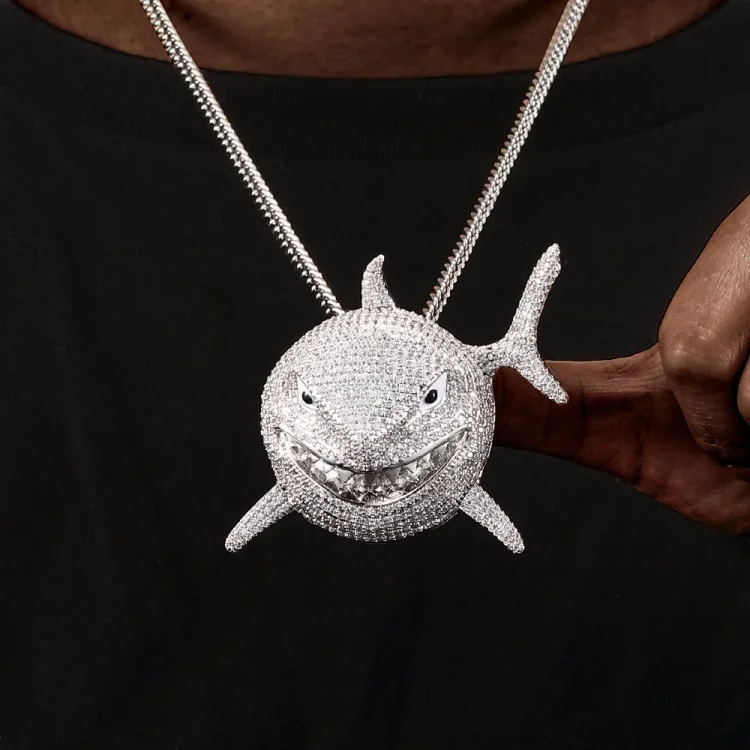 Iced Out Big Shark Pendant Necklace Cubic Zircon Hip Hop Jewelry-VESSFUL