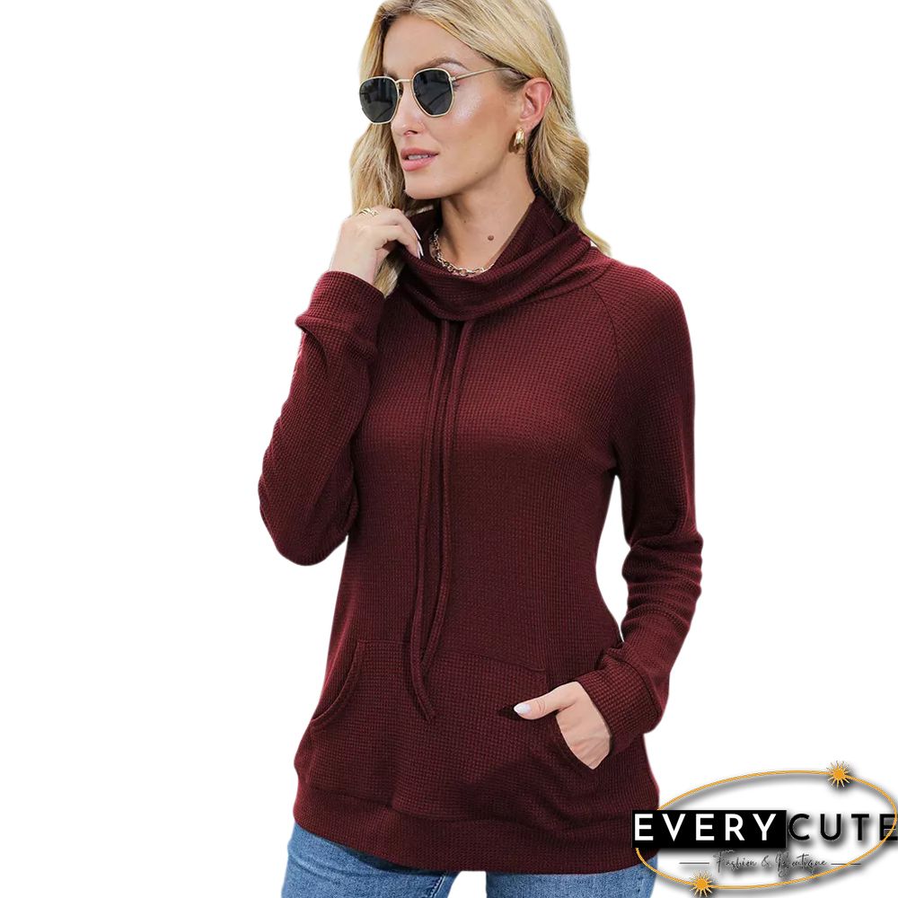 Wine Red Heap Collar Drawstring Pocket Long Sleeve Top