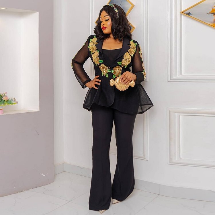 African Americans fashion QFY Plus Size African Sequin Outfits For Women Plus Size 3 Piece Set Long Sleeve Shirt Inner Pants Suit Office Wears 2022 Autumn Ankara Style QueenFunky