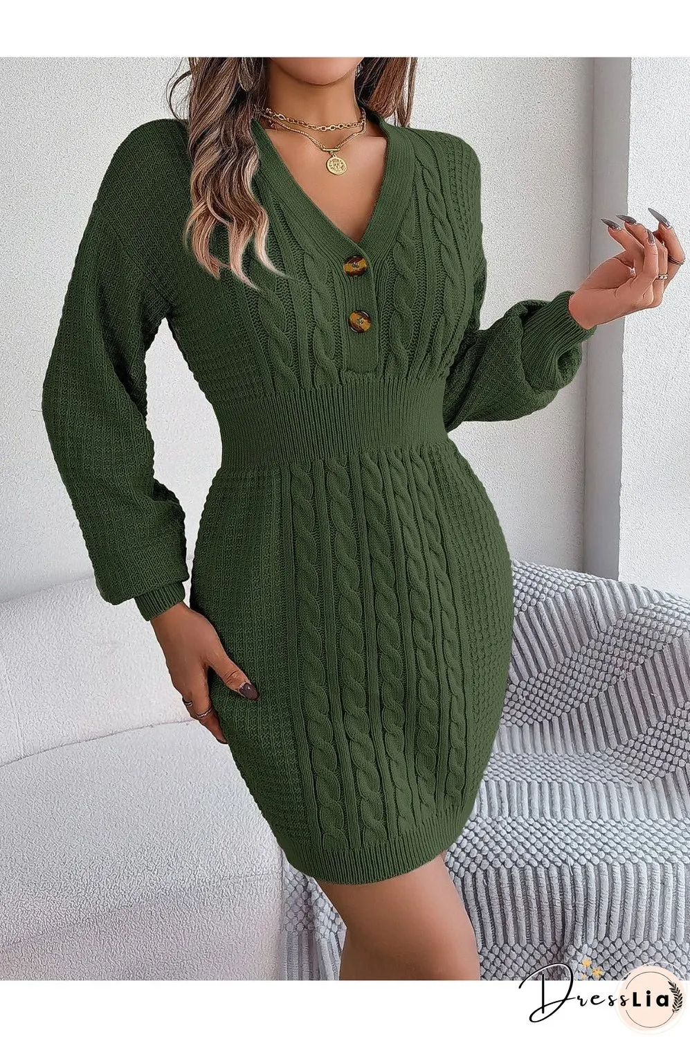 Buttoned Cable-Knit V-Neck Sweater Dress