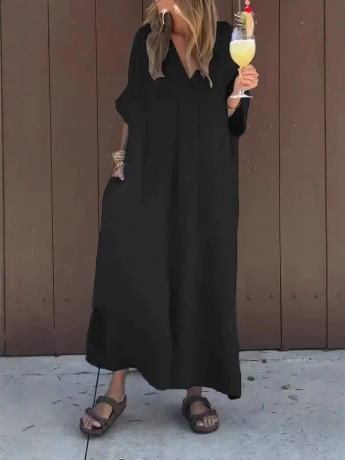 Women's Solid V Neck Pocket Casual Cotton Dress