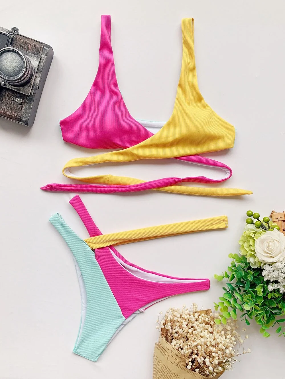 2021 Summer Colorful Splicing Bikini Female Swimsuit Women Swimwear Hollow Out Bikini set Asymmetric  Bather Bathing Suit Swim