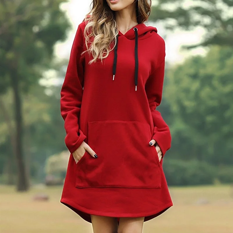 Women Solid Hoodies Dress Casual Long Sleeve Plus Size Hooded Sweatshirt Fashion Irregular Hem Long Sleeve Female Hoody Dress