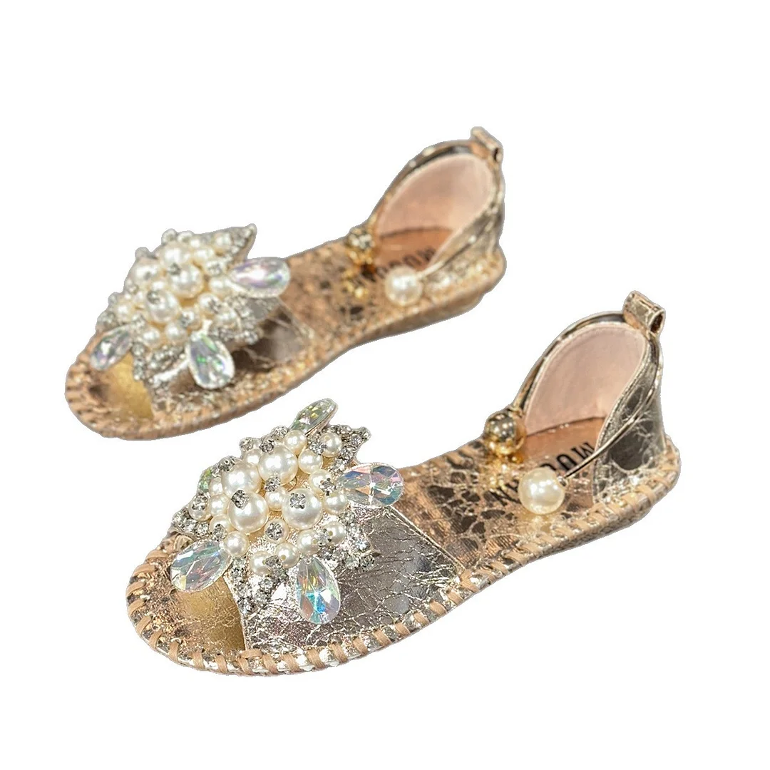 Nigikala Nigikala Temperament Pearl Flowers Wearing Flat-Soled Sandals Women's New Summer With Skirt Fairy Wind Drag