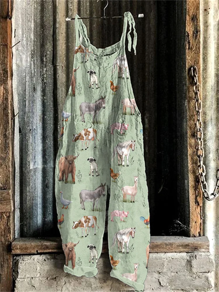 Comstylish Women's Farm Animals Print Linen Blend Casual Jumpsuit