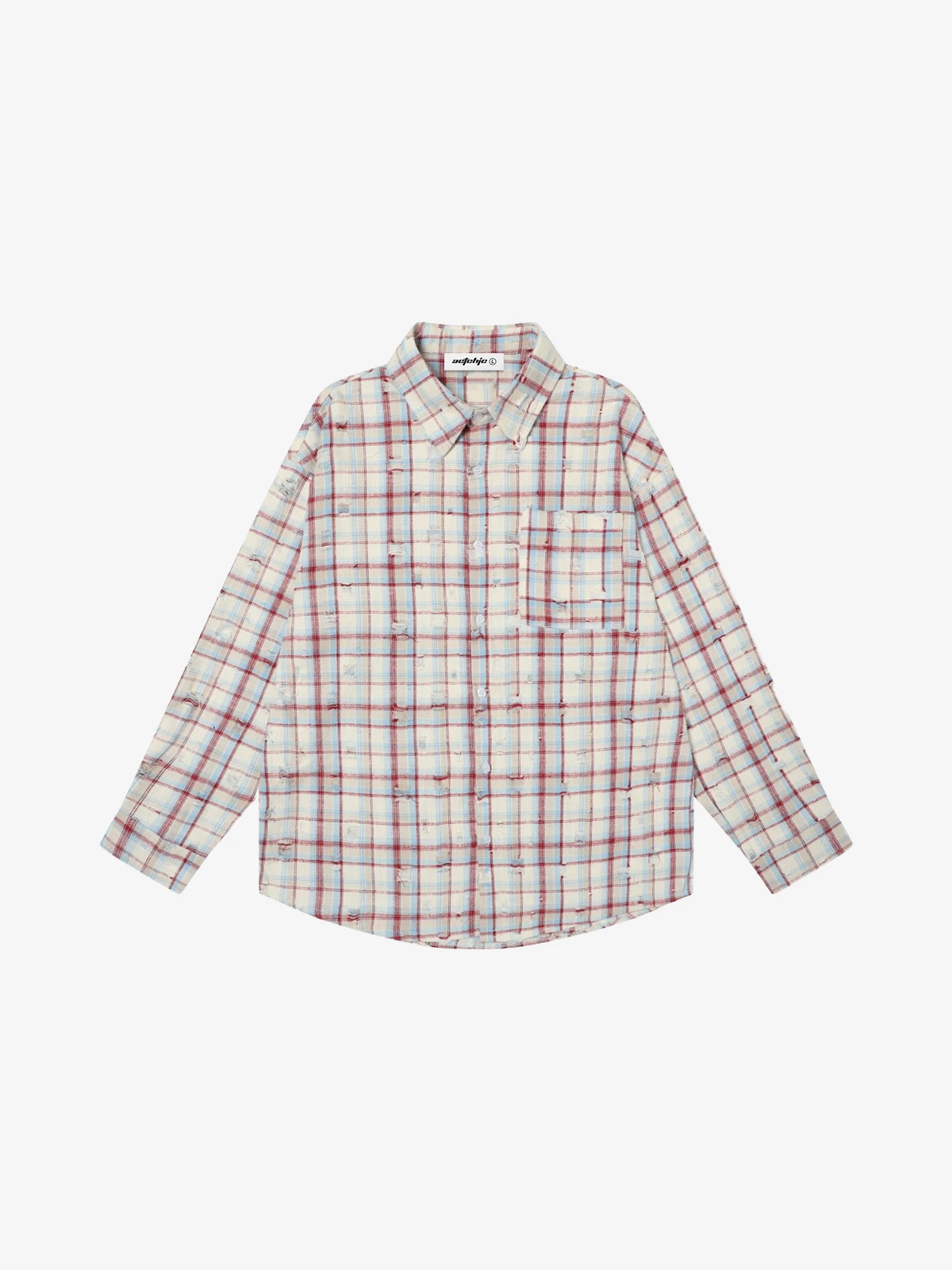 Blue Red Plaid Act Chic Washed Distressed Plaid Long Sleeve Shirt Front