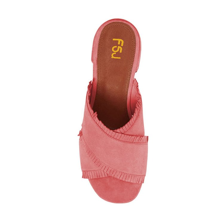 Women's Pink Suede Peep Toe Mule Fringe Chunky Heel Sandals |FSJ Shoes