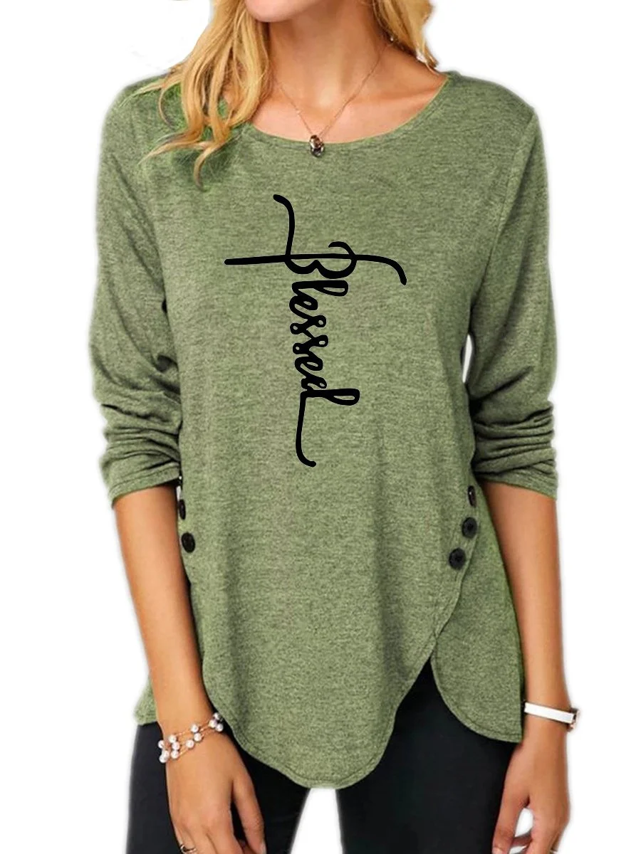 Women's Long Sleeve Scoop Neck Graphic Printed Top