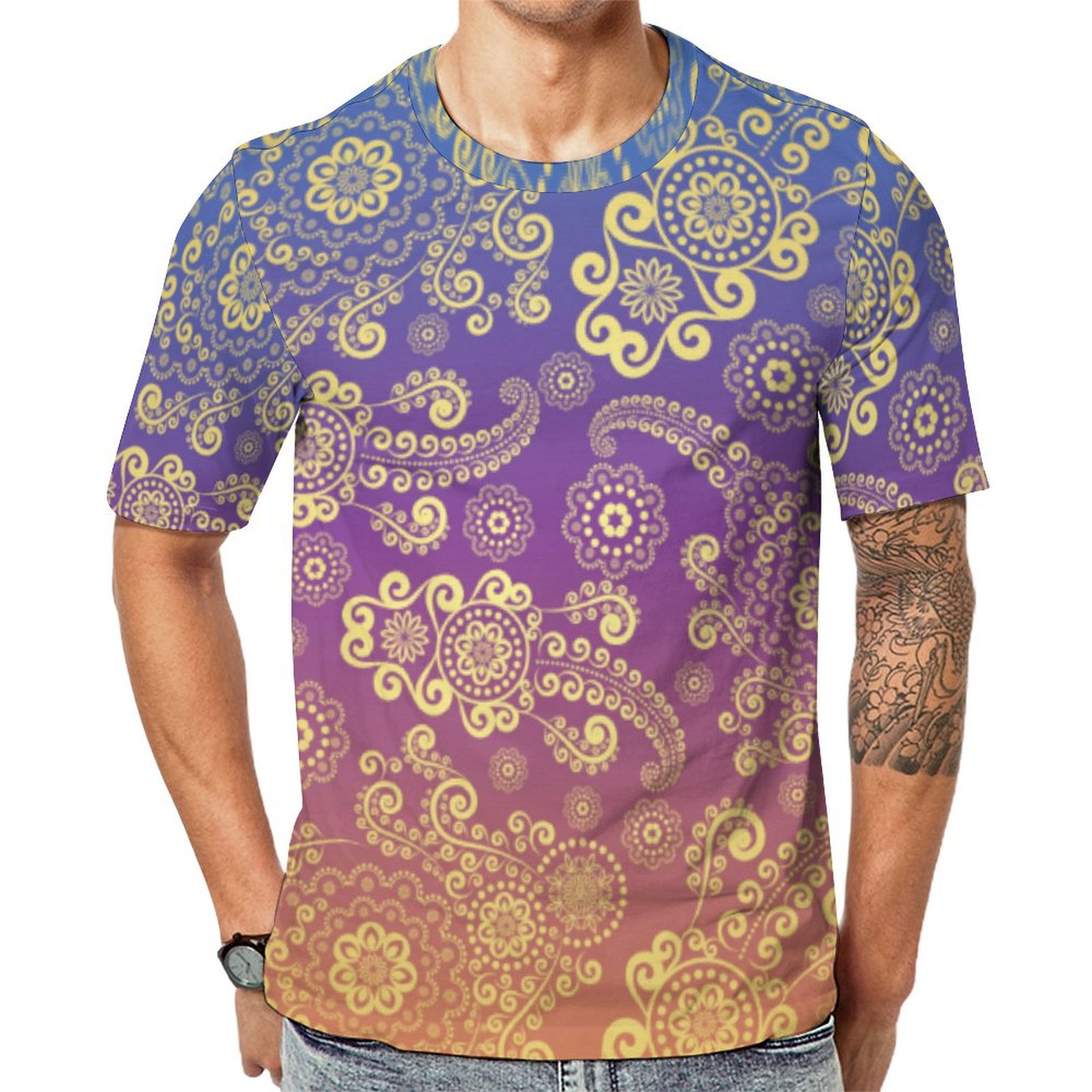 Golden Luxury Paisley On Blue Purple And Orange Short Sleeve Print Unisex Tshirt Summer Casual Tees for Men and Women Coolcoshirts