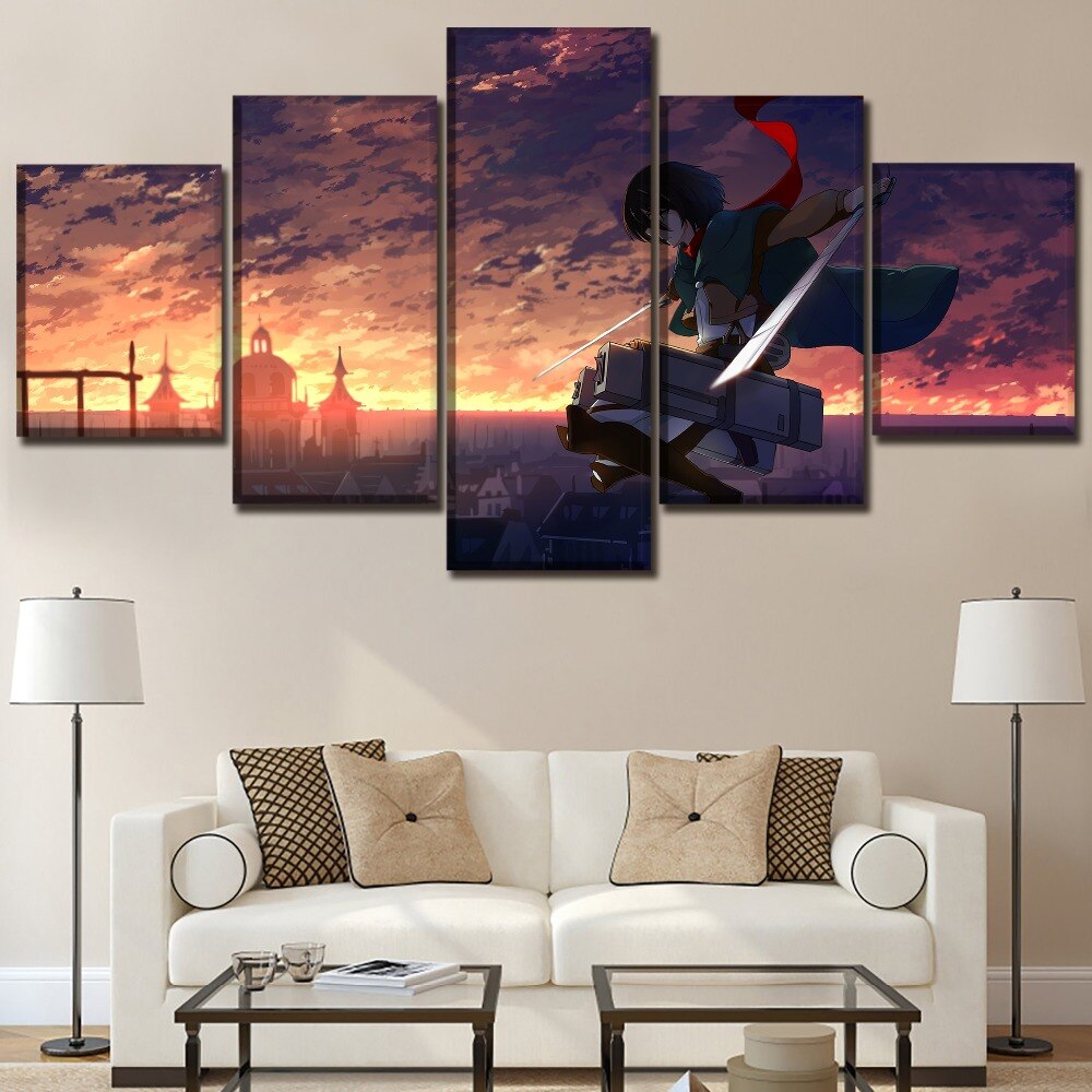 Canvas Wall Art Modular Pictures HD Prints Poster Decor Framework 5 Pieces Anime Shingeki No Kyojin Mikasa Ackerman Painting