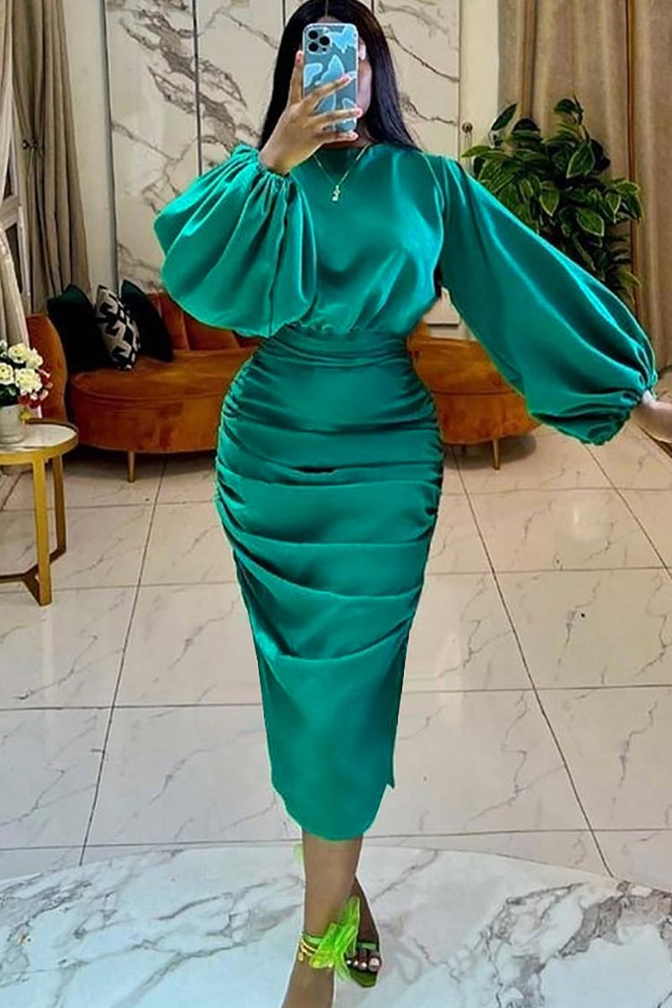 Long Bell Sleeve Ruched Satin Midi Dresses