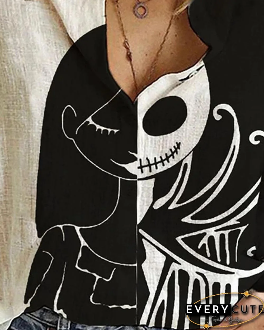 Halloween Colorblock Skeleton Print Long Sleeve Casual Shirt P12212