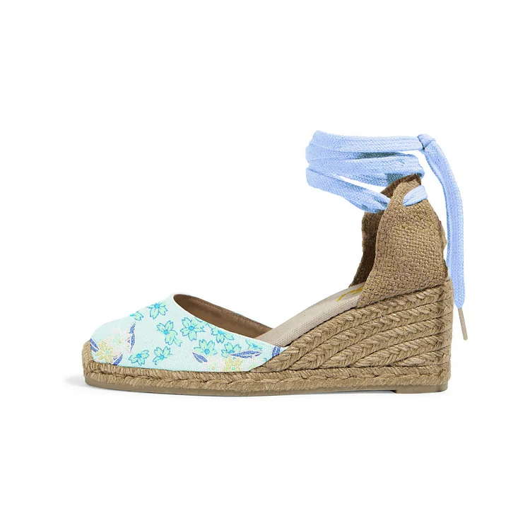 Turquoise Floral Print Espadrille Wedges with Ankle Wrap Strap Vdcoo