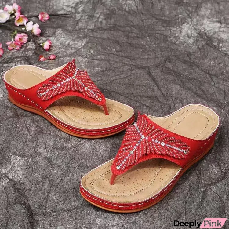 Women Vintage Rhinestone Flip Flops Slipper