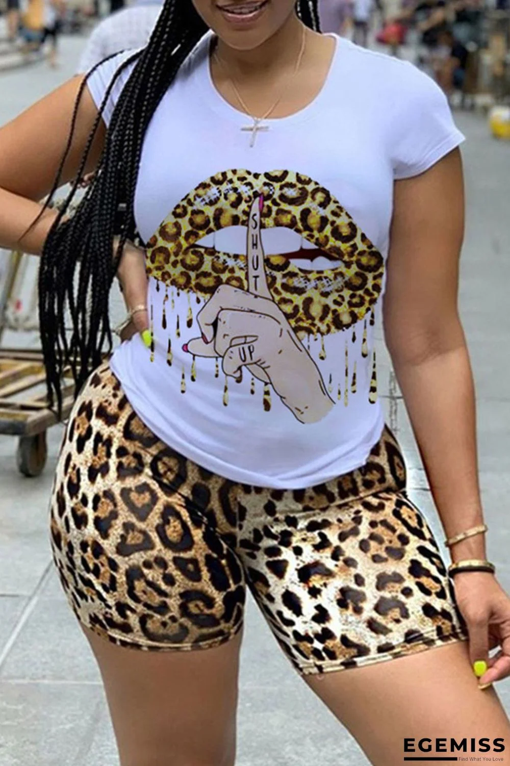 Yellow Casual Letter Lips Printed Patchwork O Neck Short Sleeve Two Pieces | EGEMISS