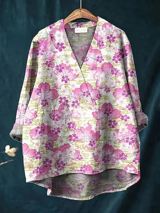 Women's Japanese Pink Cherry Blossoms Print Casual Cotton And Linen V-neck Shirt