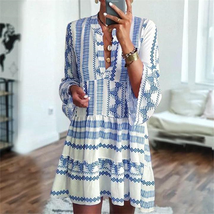 Comstylish Bohemian Geometric Print Midi Dress