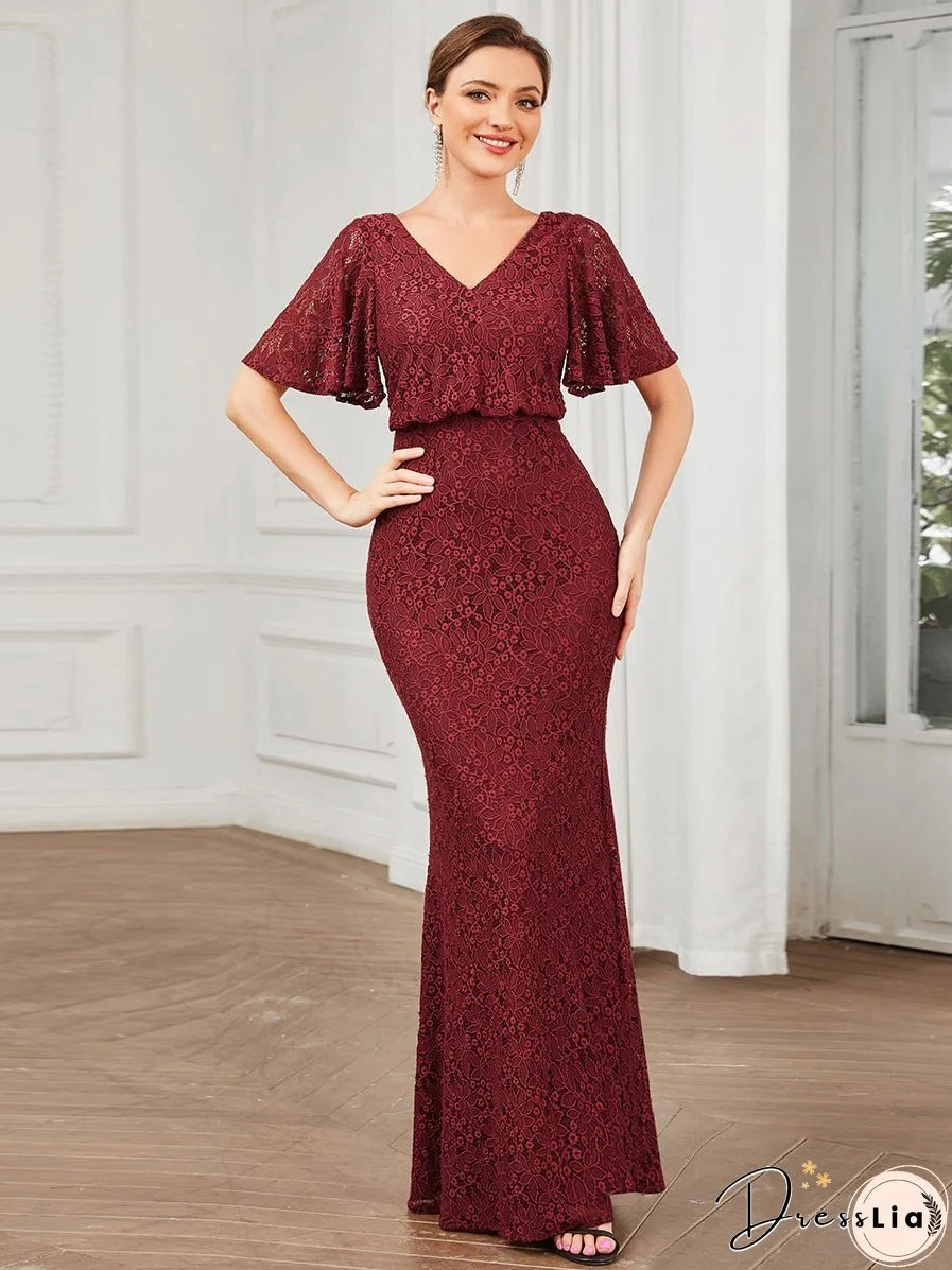 Short Ruffles Sleeves A Line Wholesale Evening Dresses with V Neck