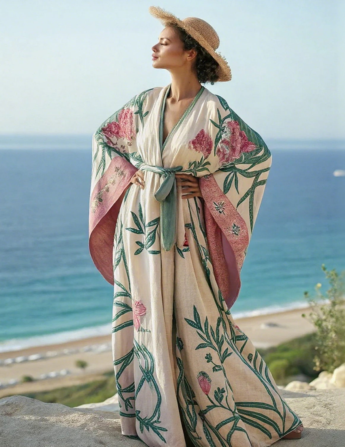 Artistic floral seaside resort pattern kimono robe (with belt)
