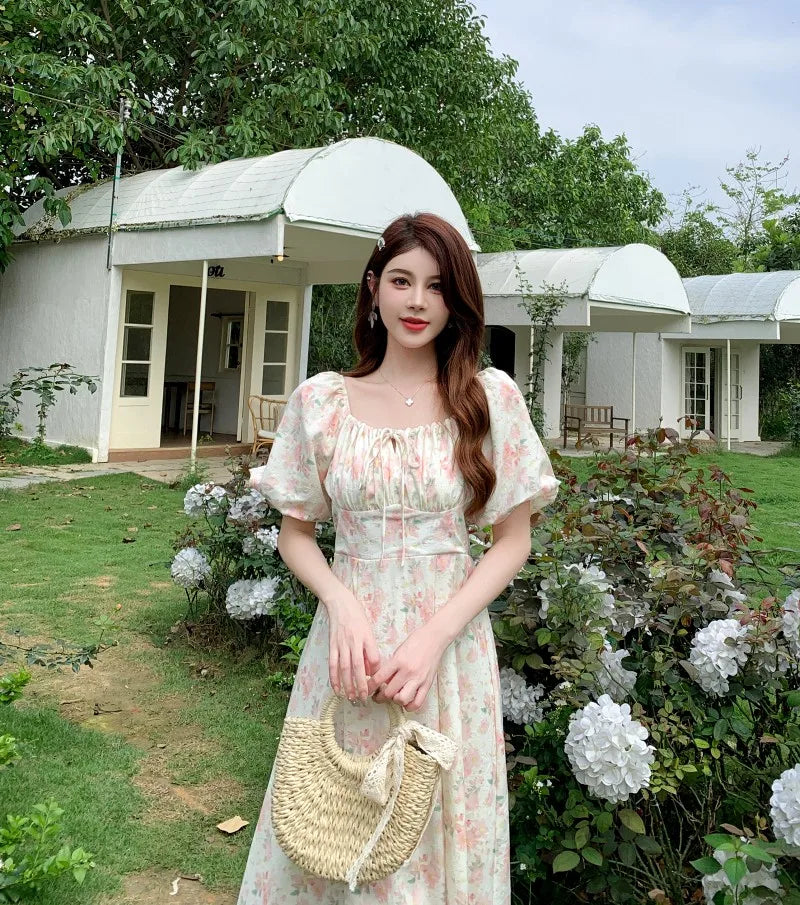 Aiertu Summer Floral Printed Midi Dress Women Off Shoulder Puff Sleeve Fairy A-line Elegant Dresses Casual Korean Fashion Aiertu