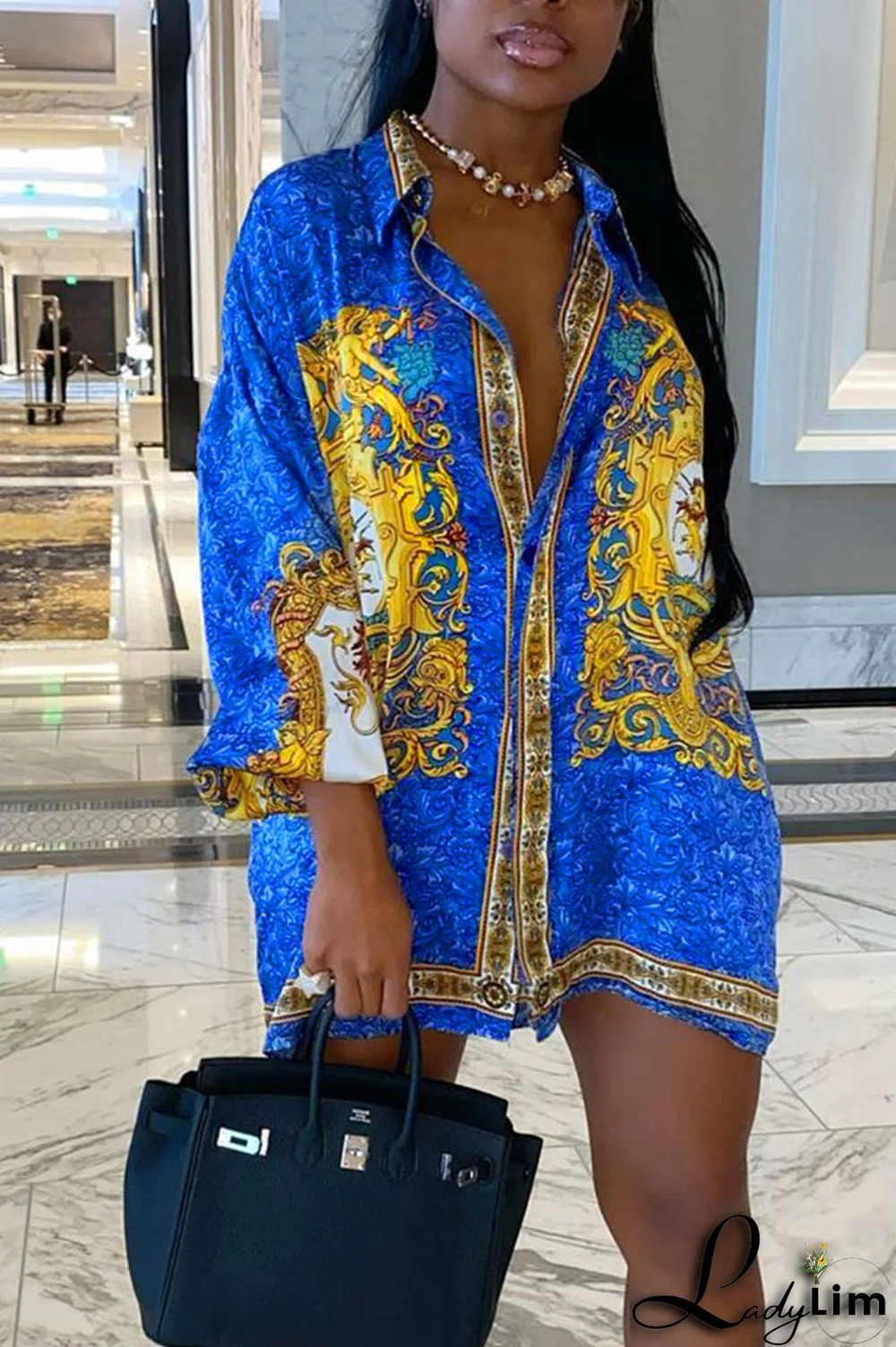 Blue Casual Print Split Joint Buckle Turndown Collar Shirt Dress Plus Size Dresses