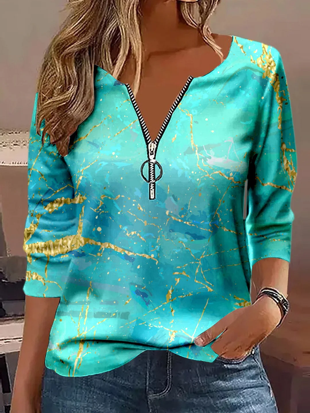 Women's Long Sleeve V-neck Printed Graphic Zipper Tops