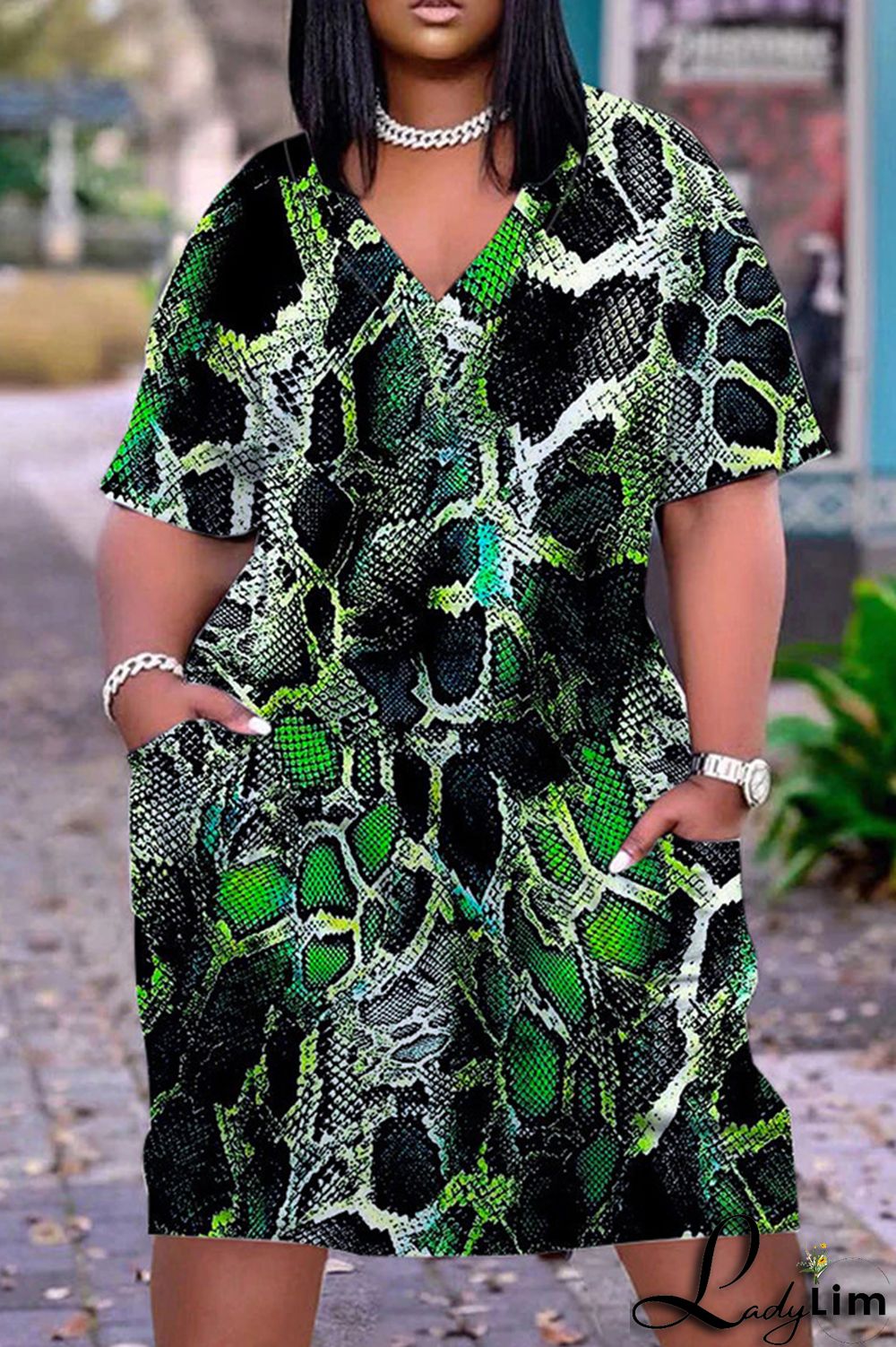 Khaki Casual Print Basic V Neck Short Sleeve Dress