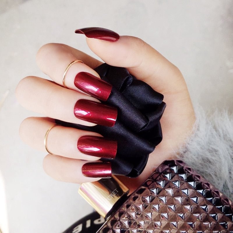 Specular Reflection Vampire Wine Red False Nails Shiny Square Long Solid Nail Tips with Glue Sticker Z431