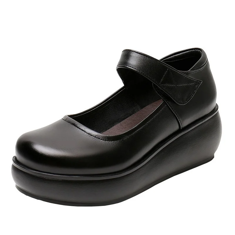 Breakj Breakj Skin Round Head Heel Slope And Shallow Mouth Single Shoes Waterproof Table Casual Leather Shoes Buckle With Loose Cake Thick-Soled Shoes Women Autumn