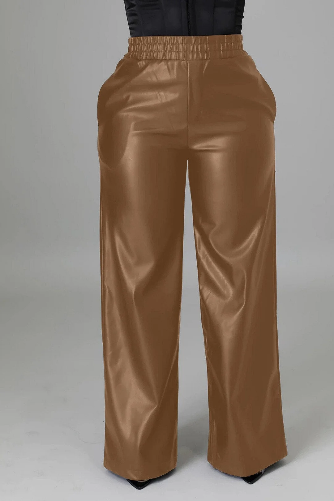CM.YAYA Women Faux Leather Straight High Waist PU Pants INS Elegant Autumn Winter Solid Wide Leg Black Trousers