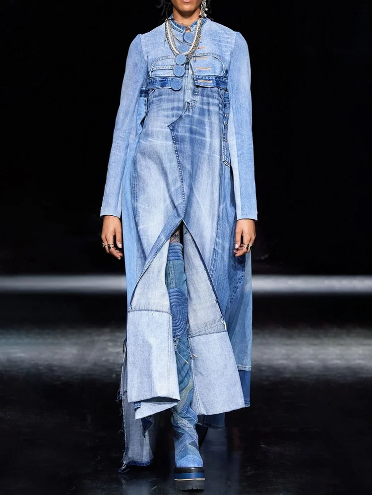 Casual Washed Denim Stand Collar Split Maxi Dress