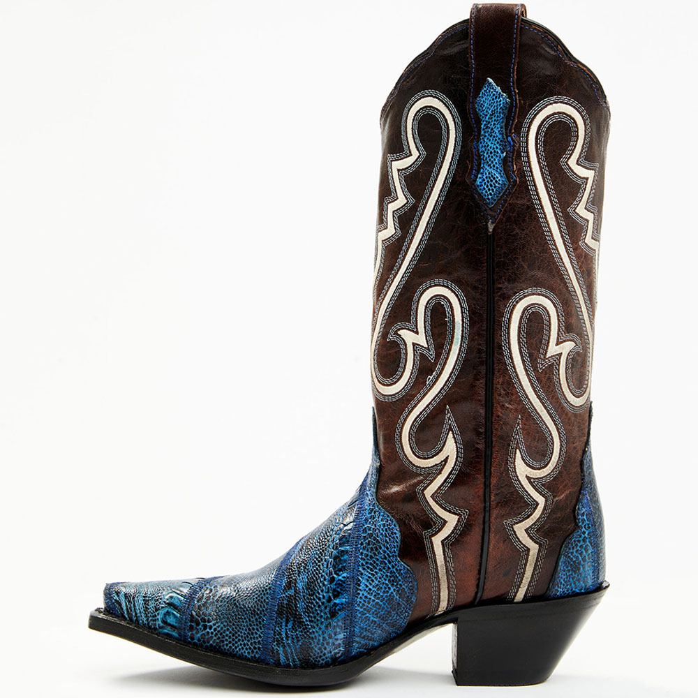Brown & Blue Patchwork Mid-Calf Cowgirl Boots with Chunky Heels