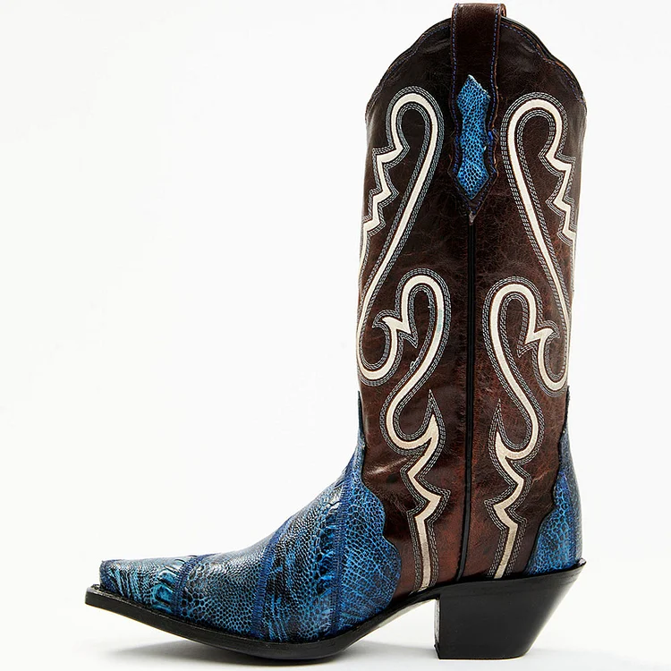 Brown & Blue Patchwork Mid-Calf Cowgirl Boots with Chunky Heels |FSJ Shoes