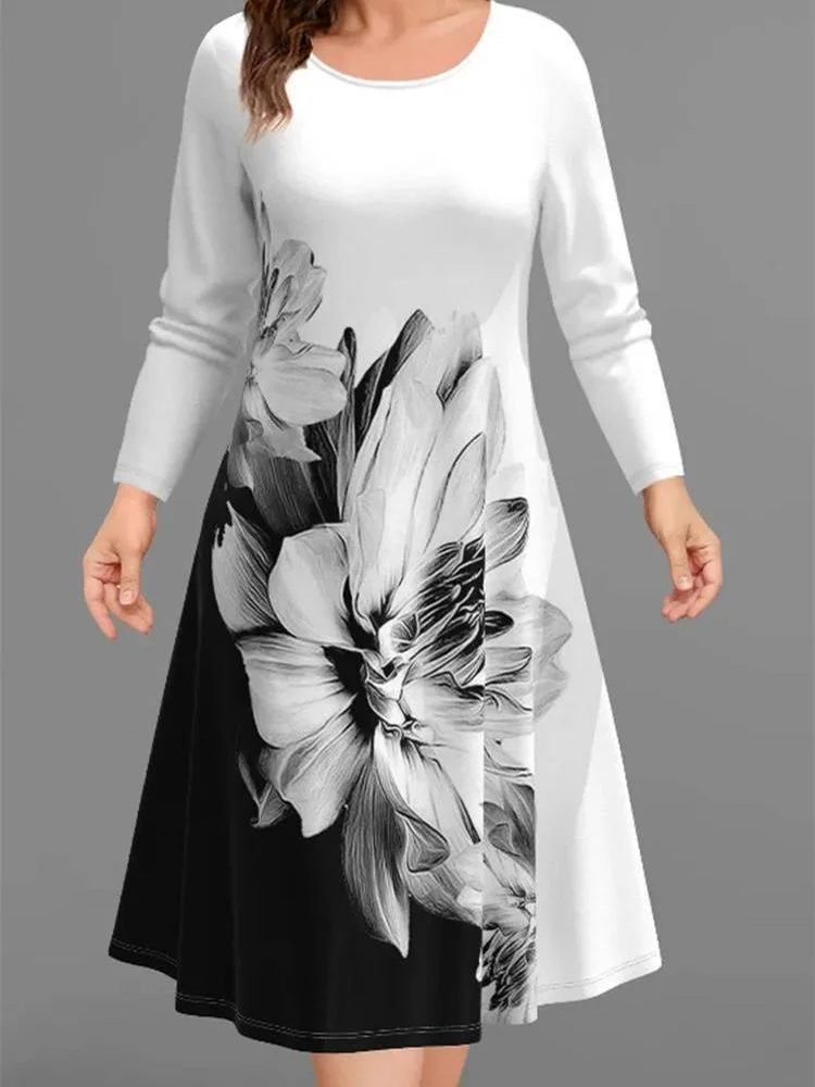 Women's Graphic Stitching Print Scoop Neck  Long Sleeve Midi Dress