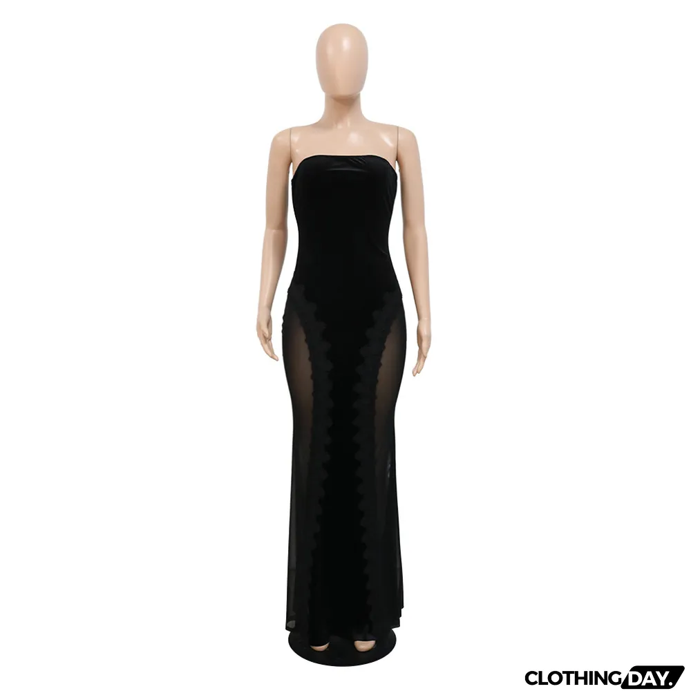 Velvet Strapless Sexy Patchwork Lace Bodycon Long Dress