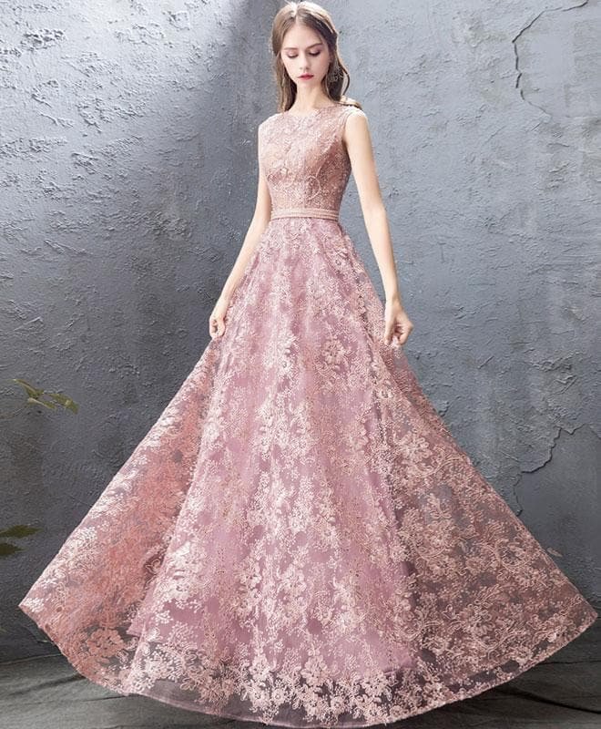 Pink Round Neck Lace Long Prom Dress, Pink Evening Dress