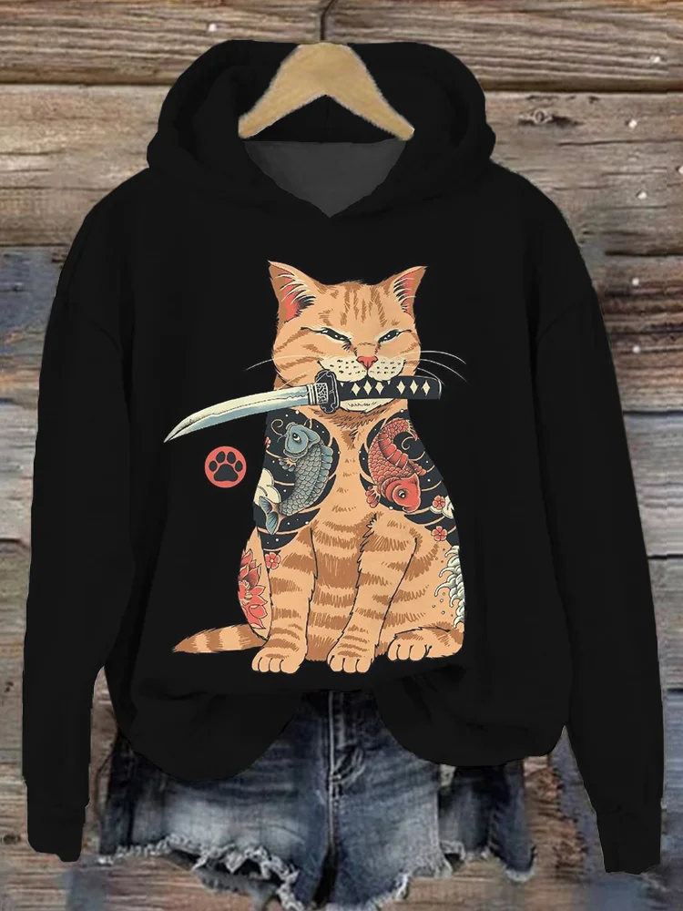 Japanese Samurai Cat Art Vintage Cozy Hoodie