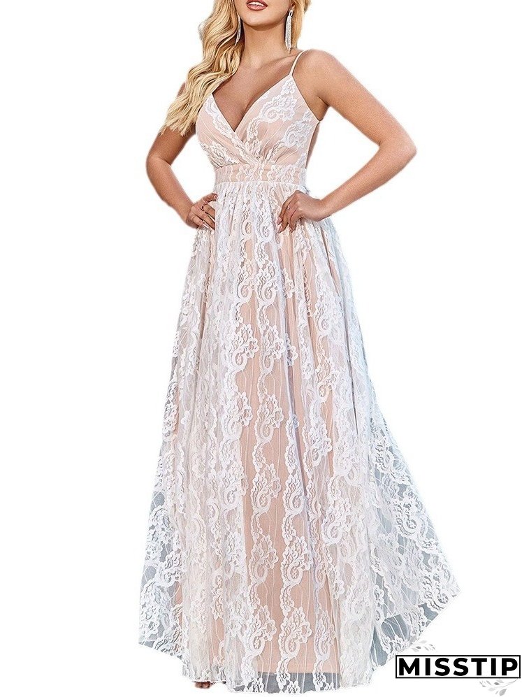 Women Summer Elegant V-Neck Backless Mesh Maxi Dress