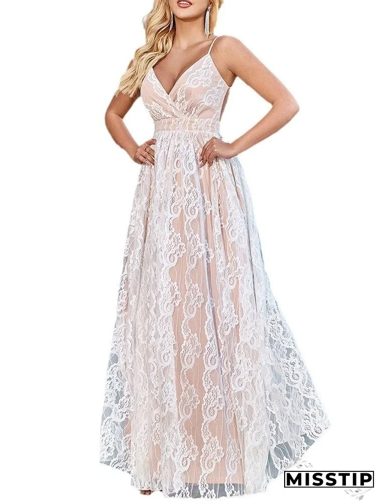 Women Summer Elegant V-Neck Backless Mesh Maxi Dress