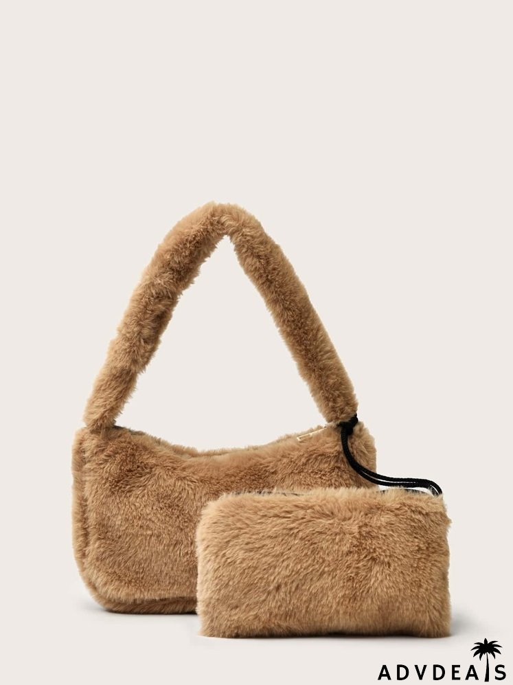 Fluffy Baguette Bag With Purse
