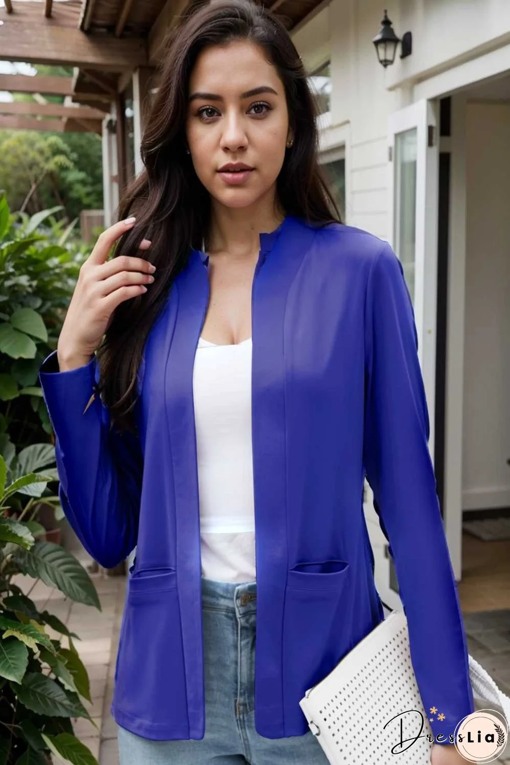 solid long sleeves pockets open front versatile blazer