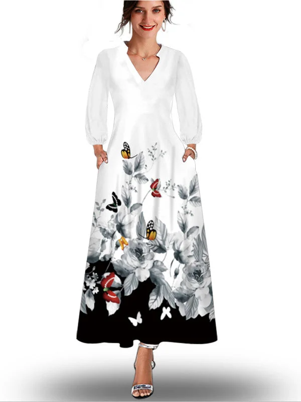 Women Long Sleeve V-neck Maxi Dress Floral Printed Dress