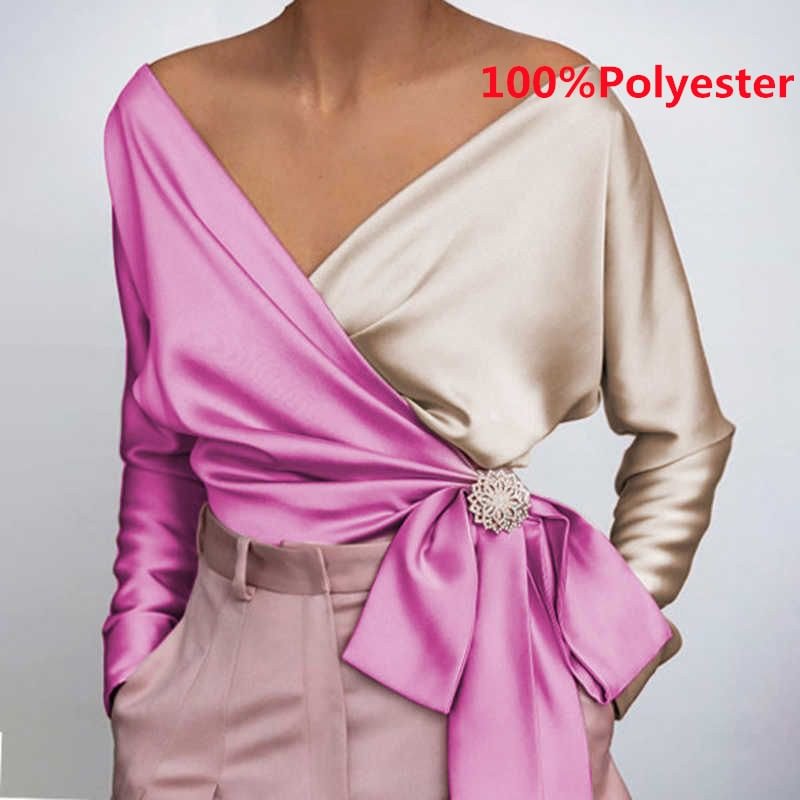 Satin Blouse Women Sexy Deep V Neck Long Sleeve Belted Tops 2022 VONDA Vintage Patchwork Blouse Casual Blusas Oversized