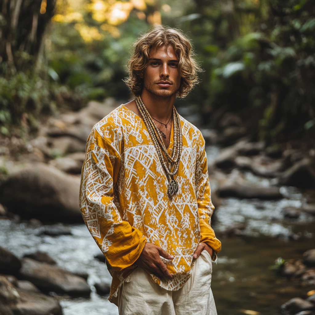 Men's Bohemian Holiday Style Vintage Printed Casual Long Sleeve Top-inspireuse