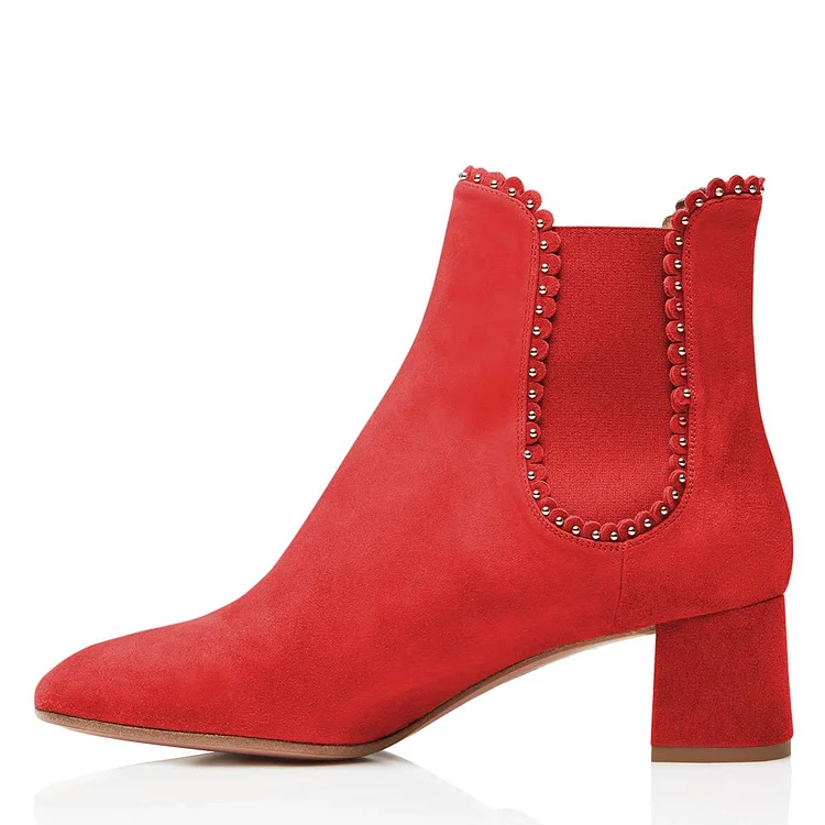 Red Vegan Suede Studs Chelsea Boots Chunky Heel Ankle Boots |FSJ Shoes