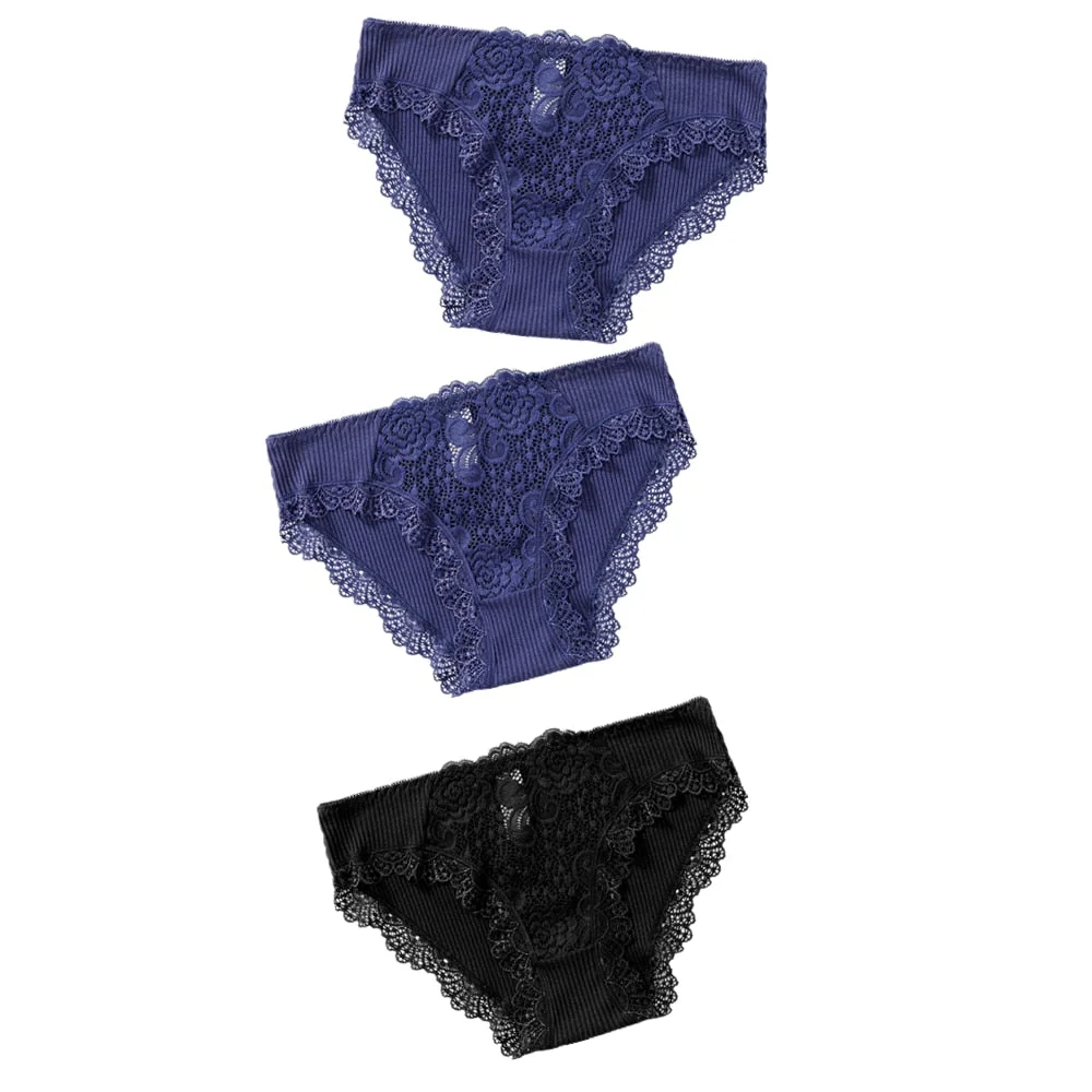 3PCS Cotton Panties Underwear Solid Women Sexy Lace Underpants Soft Briefs Set Female Intimates Plus Size Lingerie Panty XL XXL